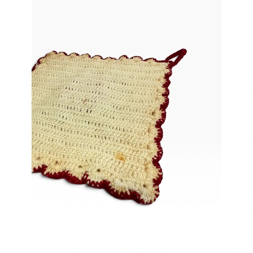Handmade Crochet Potholder Red/Cream Vintage 3D Rose Floral Square